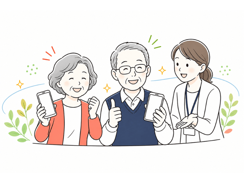 スマートフォンを持って笑顔の会員と職員のイラスト